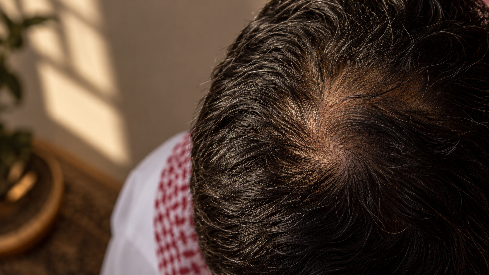 صورة تحريرية واقعية ترافق موضوع مرصد البصيلة: افهم تساقط الشعر قبل أن تختار زراعته