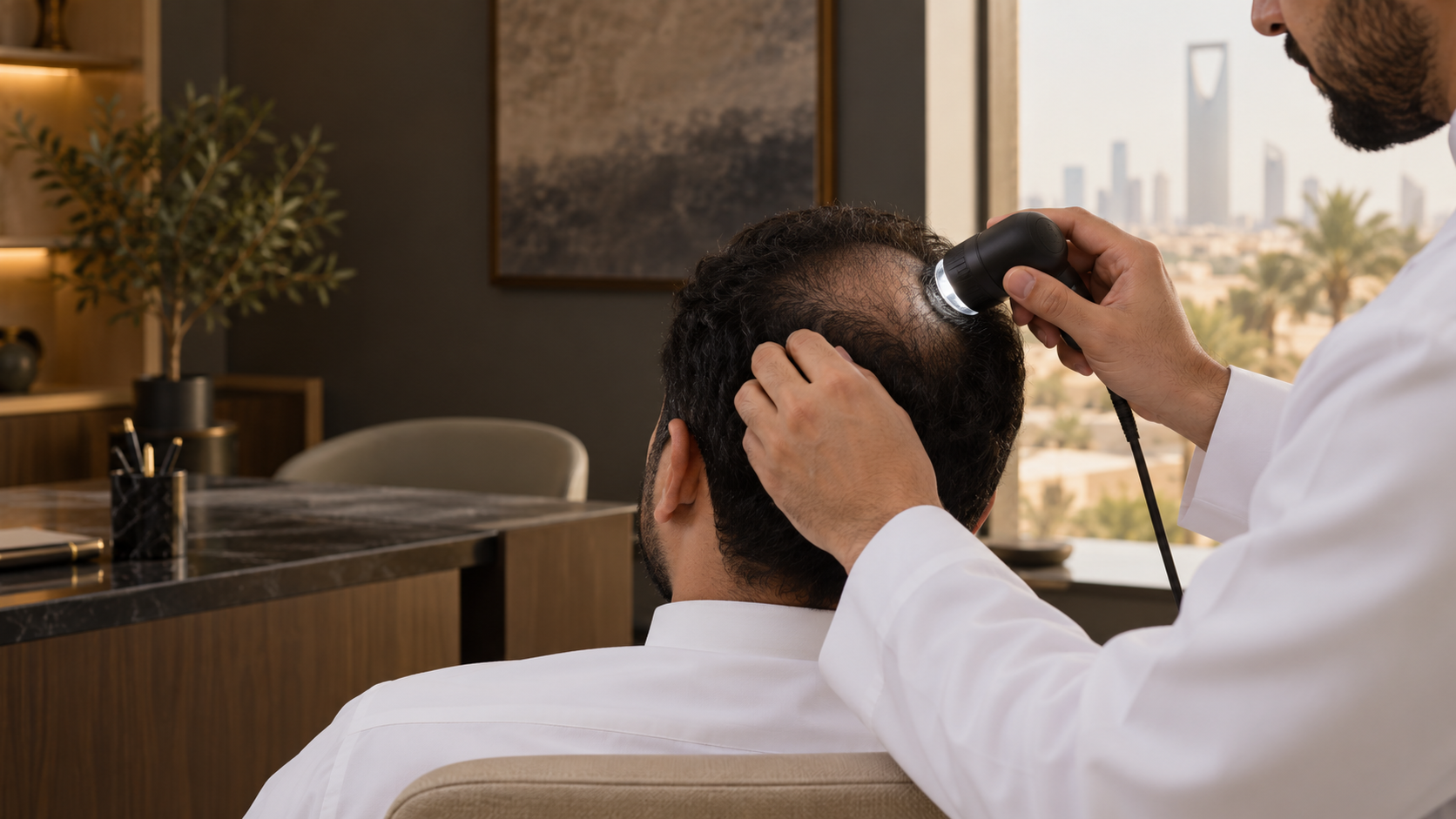 فحص فروة الرأس بأداة تكبير ضمن استشارة مهنية