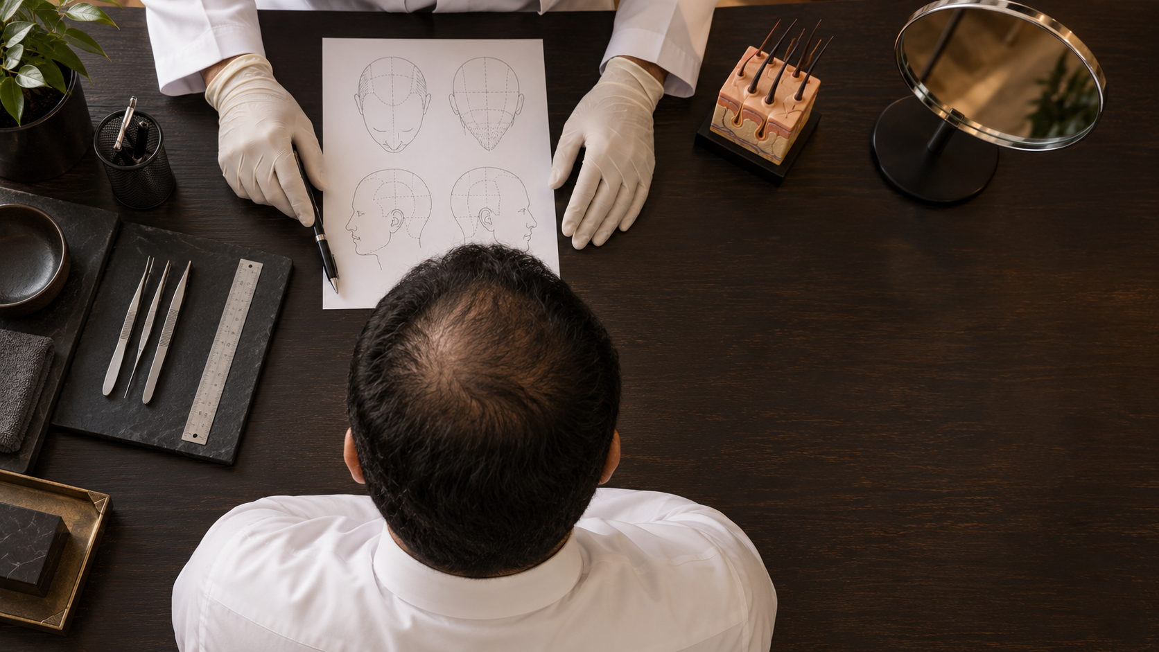 أدوات تخطيط معقمة قبل مناقشة زراعة الشعر